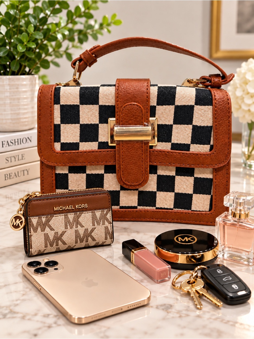 Mini bag Checkered Top-Handle Satchel in Black and Cream with Brown Trim